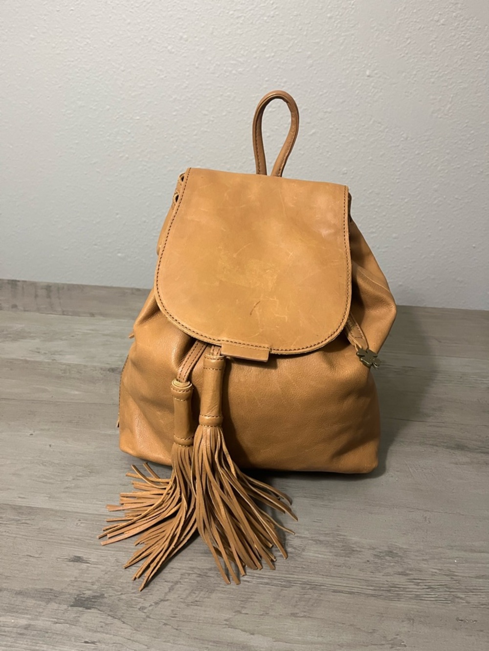 Lucky Brand Caramel Leather Backpack with Tassels